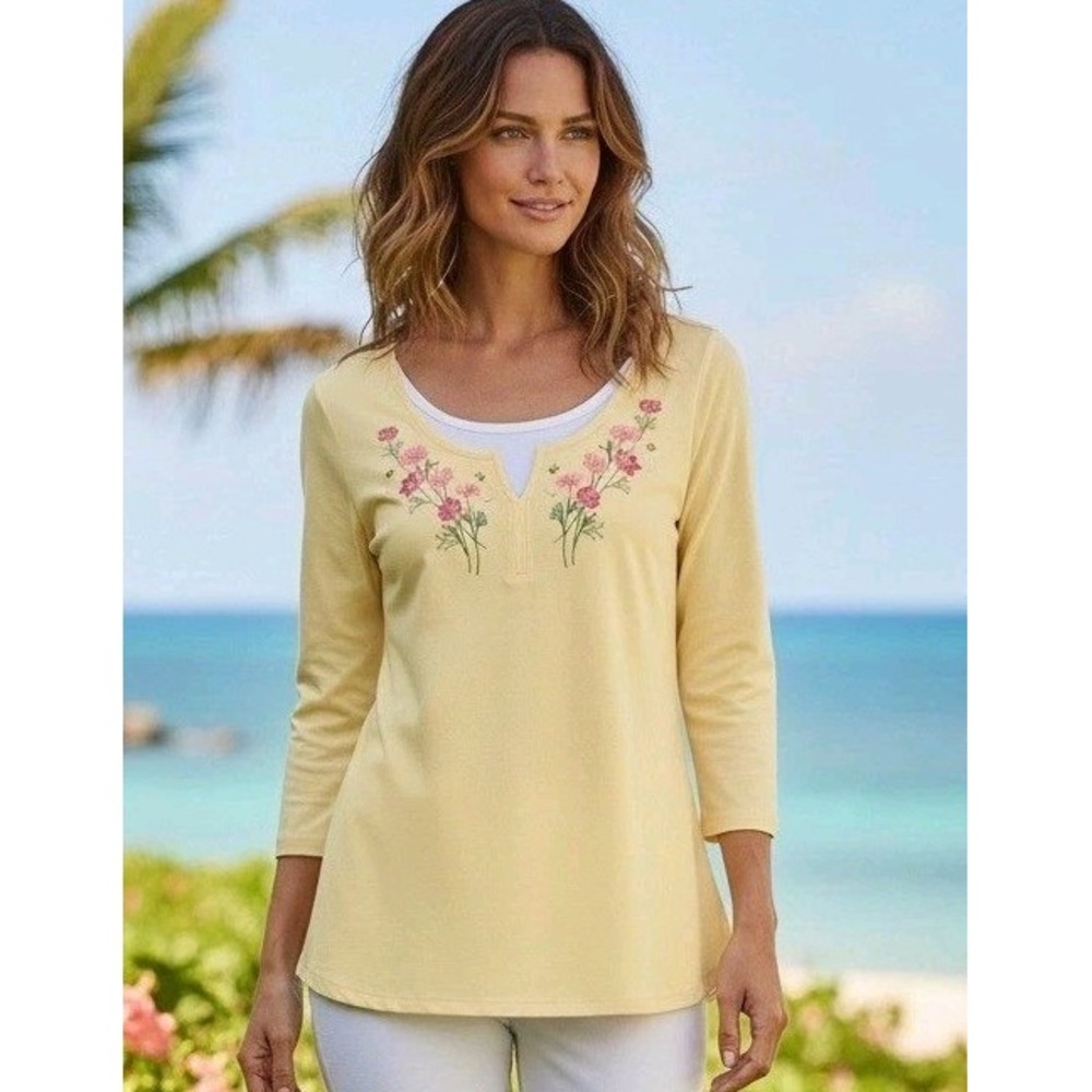 Decorated Originals Top Women's Size 3XL Floral Embroidered 3/4 Sleeve Yellow